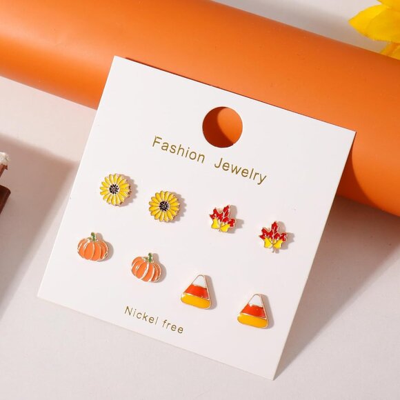 Fall Earrings for Women Pumpkin Sunflower Maple Leaf Candy Corn Stud Earrings Ho - Picture 5 of 6
